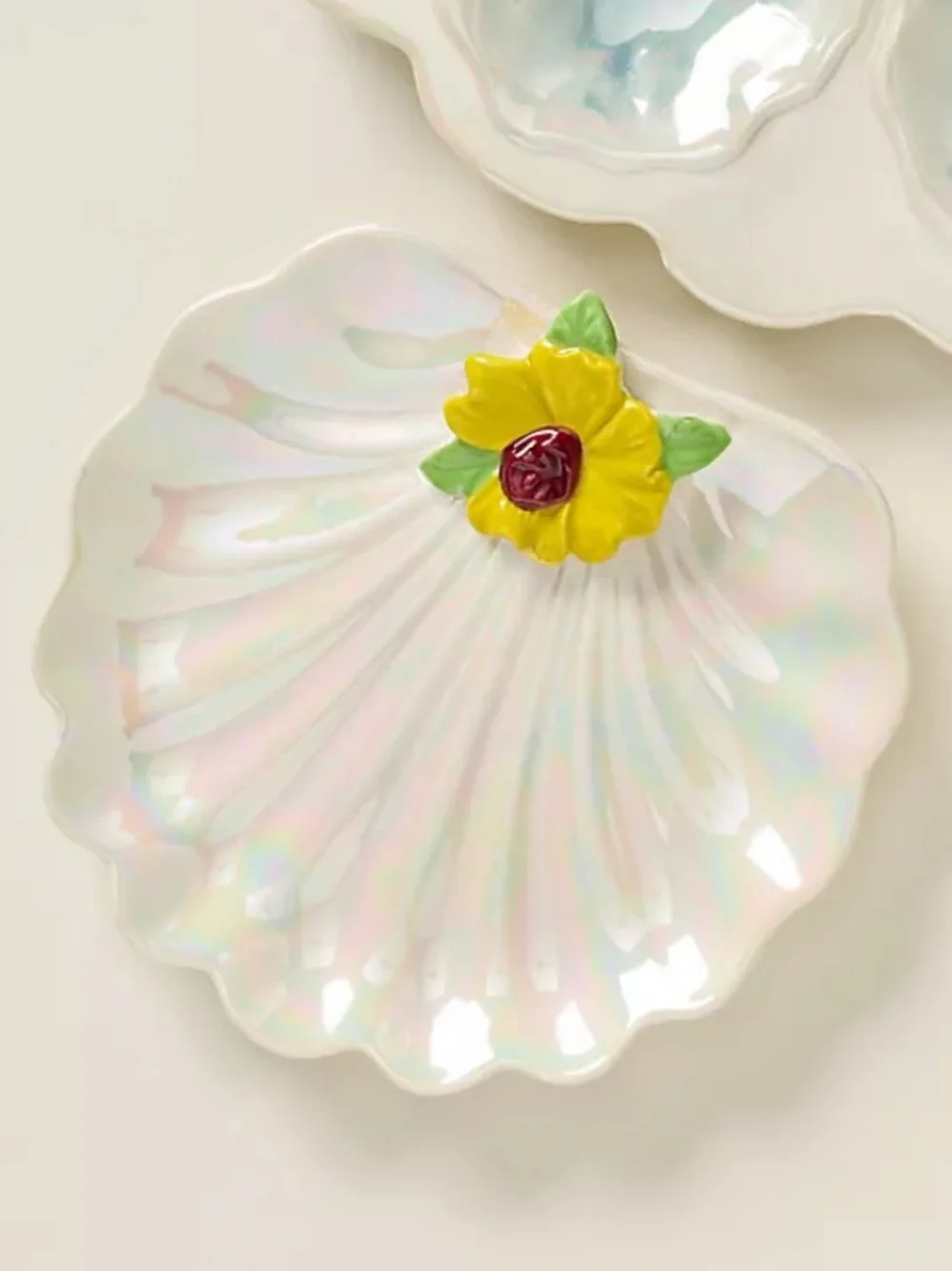 Anthropologie Sirena Stoneware Oyster Shell Yellow Floral Plate or Trinket Tray